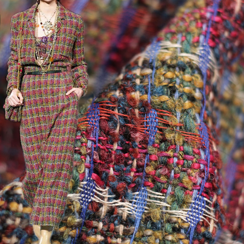 Sewing Tweed Fabric - 赤/緑の格子ウール先染め編組ツイード生地女性の秋のジャケットドレススーツコートハンドバッグ DIY 縫製材料