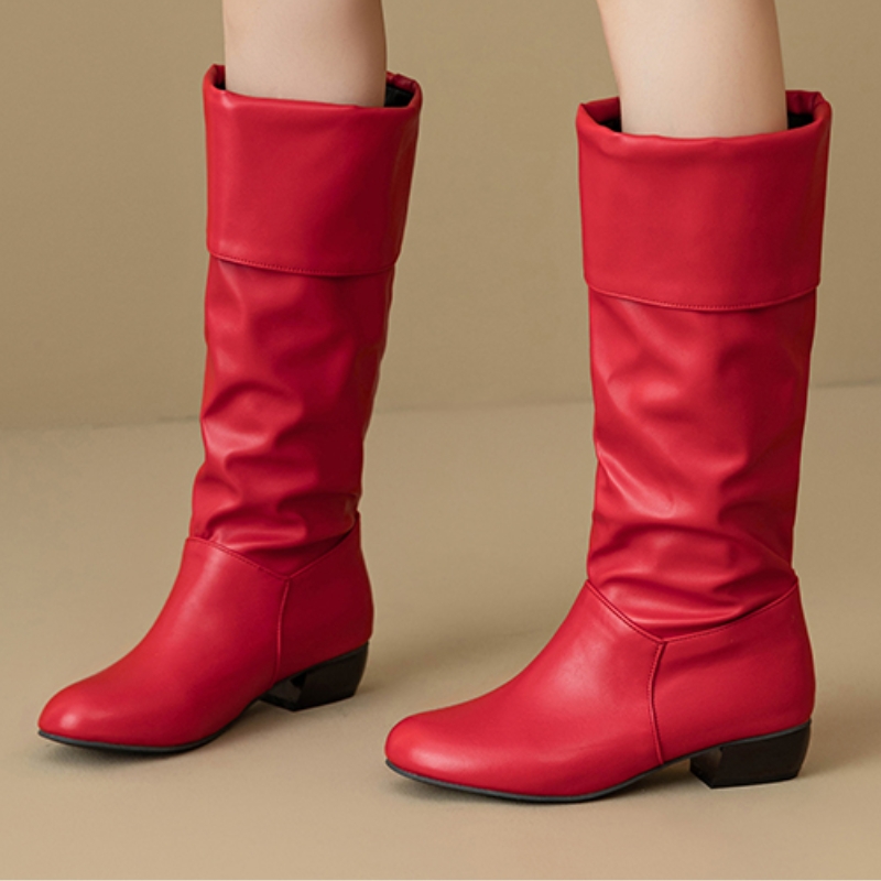 Sewing Fleece - スリップオンニーハイブーツプリーツ秋靴レディースハイブーツエレガントブラックホワイトレッドロングシューズレディース大きいサイズ47防水