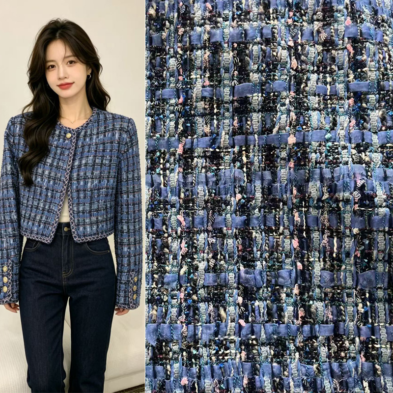 Sewing Tweed Fabric - ブルーの先染めヘビーインダストリーツイードプレミアム生地、女性用秋コート、ドレス、ジャケット、スーツ、DIY布地、縫製材料