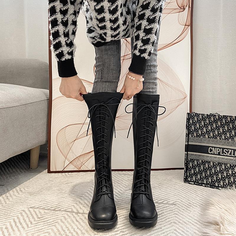 Sewing Fleece - ラウンドトゥ フリース裏地付き エレガント ローヒール レディース ロングブーツ