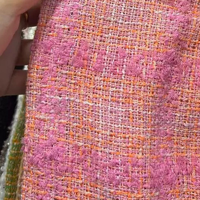 Sewing Tweed Fabric - ピンクとオレンジの格子柄リボン付き糸染め編み込みツイード生地、ジャケット、ドレス、スーツ、コート、DIY布地、縫製材料用