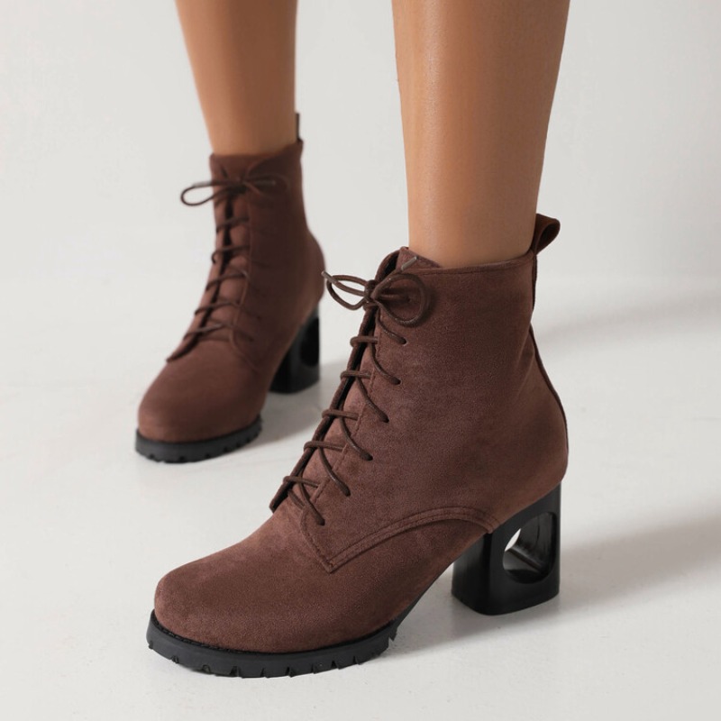 Sewing Fleece - 秋冬フェイクスエードアンクルブーツ女性レトロブラウンレースアップブーツ女性プラスサイズ 35-43 ポインテッドトゥブーツ女性