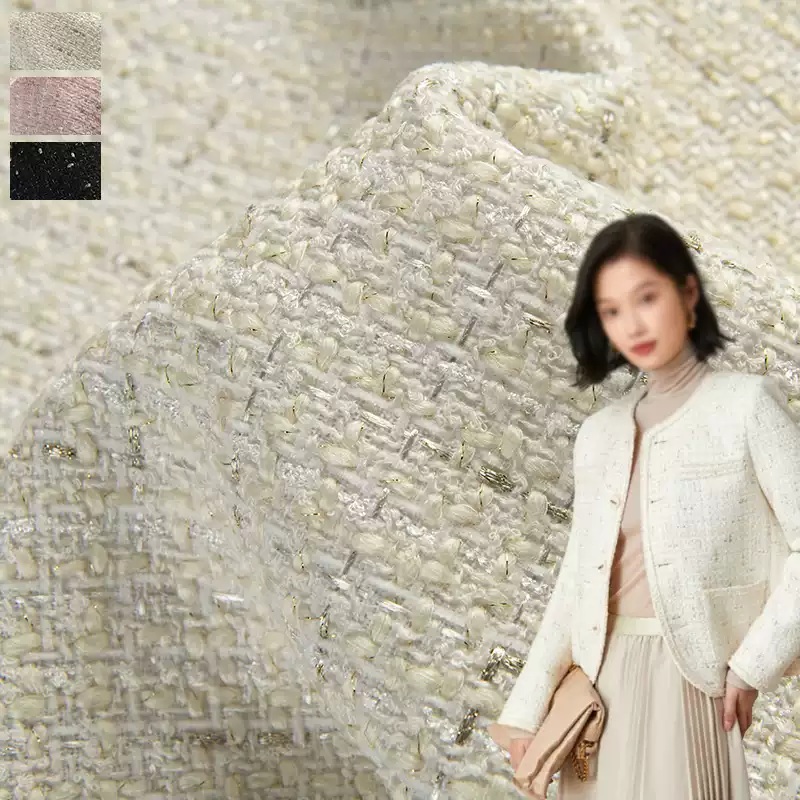 ベージュ色とゴールドワイヤー糸染めツイード生地秋コートドレス - Sewing Tweed Fabric のレビューと価格