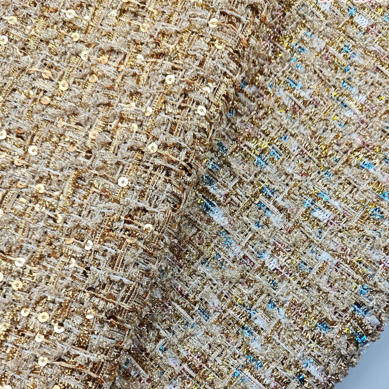 ゴールドワイヤーとスパンコール糸染め編みツイード生地女性の秋 - Sewing Tweed Fabric のレビューと価格