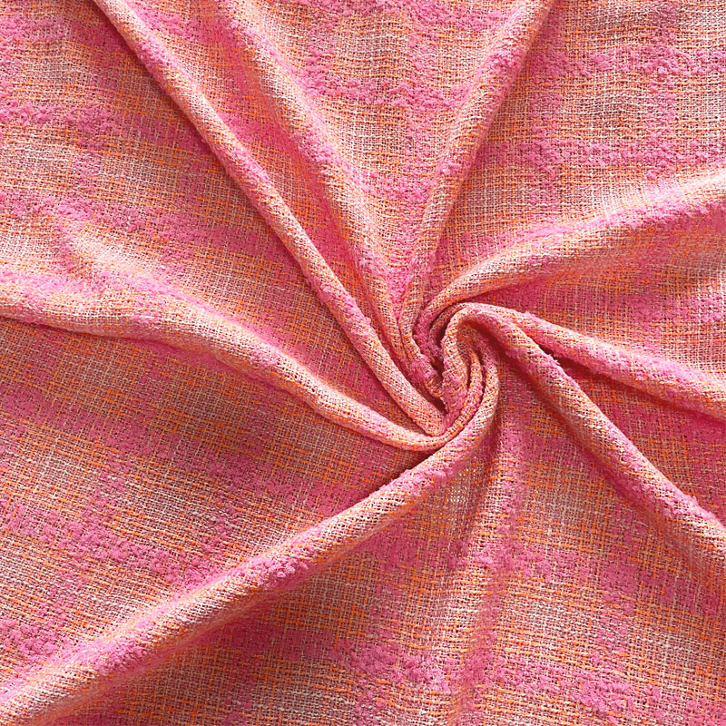 ピンクとオレンジの格子柄リボン付き糸染め編み込みツイード生地 - Sewing Tweed Fabric のレビューと価格