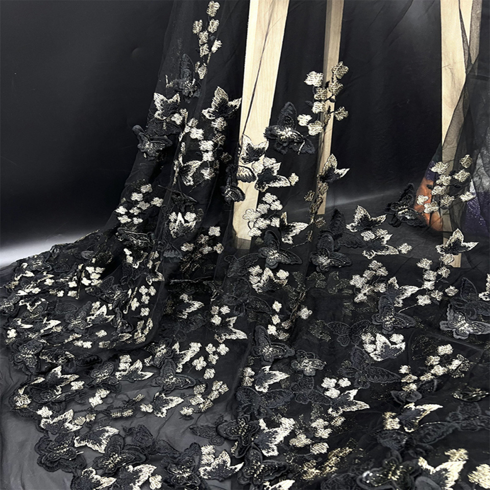 幅130cmのヘビーワーク3D蝶刺繍ミルクシルクレース生地  - Sewing Embroidery Fabric のレビューと価格